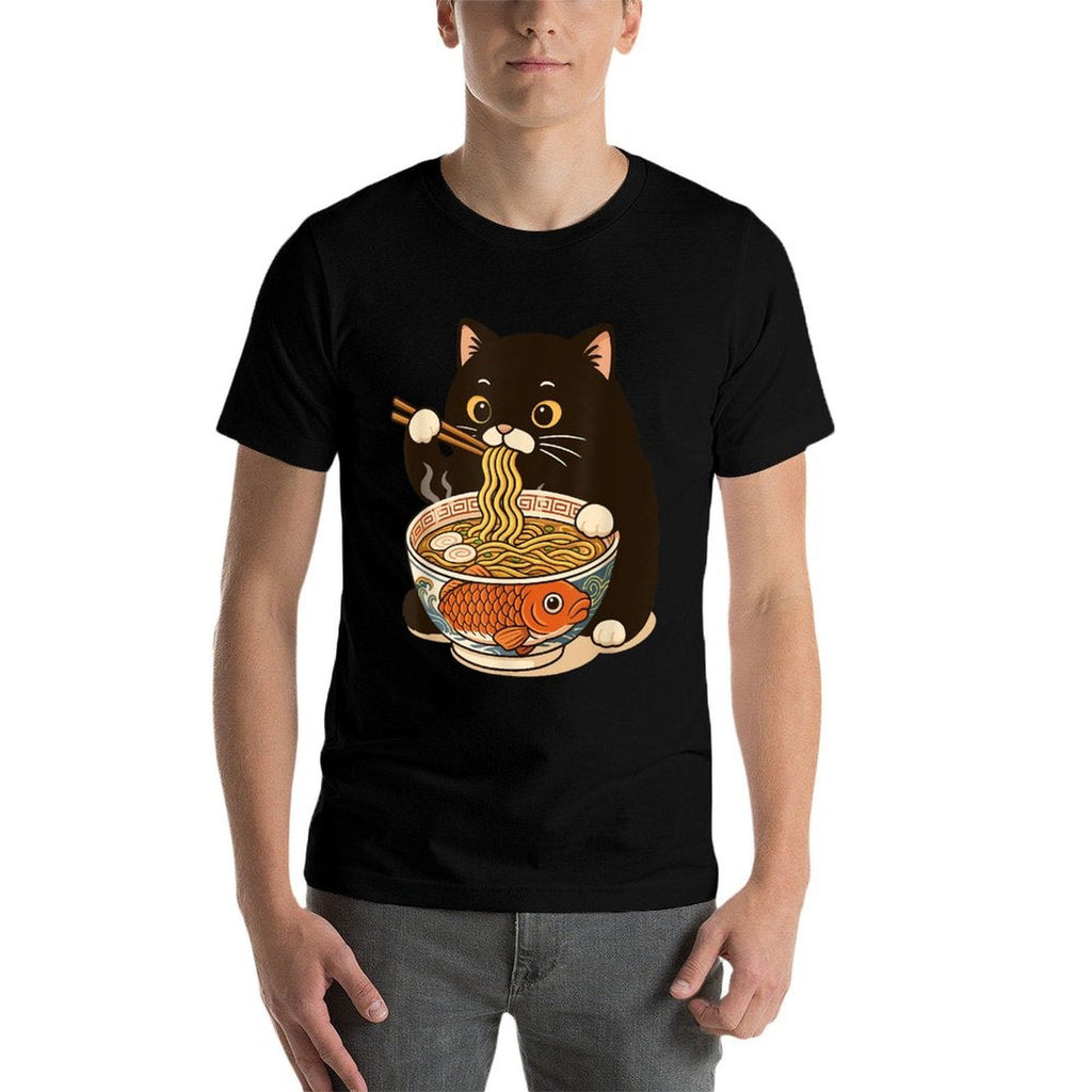 Fat Cat Ramen Anime Meme Eating Noodles Kawaii  High-quality Stitching T-Shirt