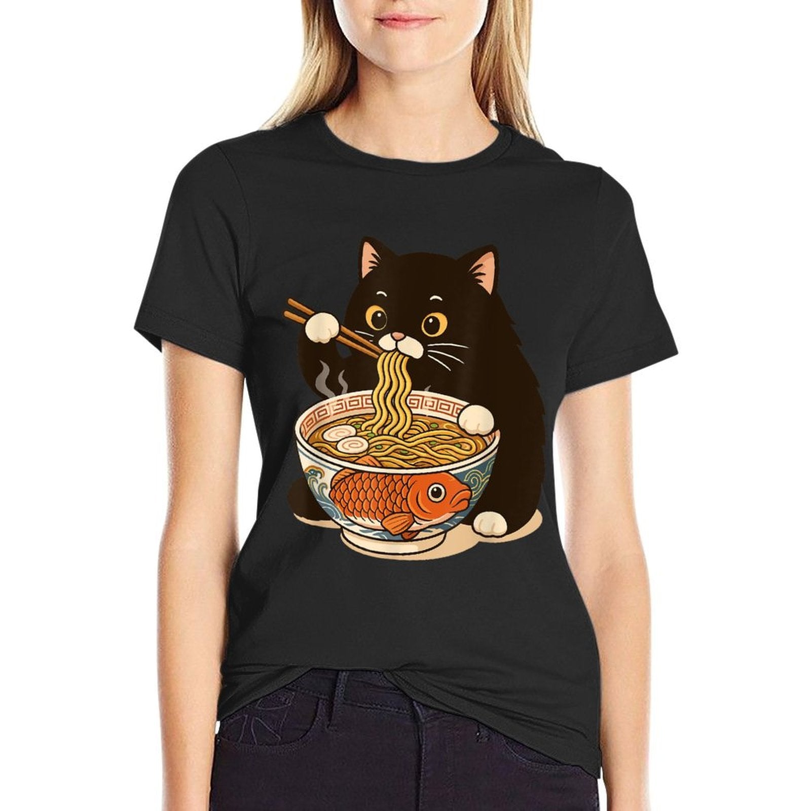 Fat Cat Ramen Anime Meme Eating Noodles Kawaii  High-quality Stitching T-Shirt
