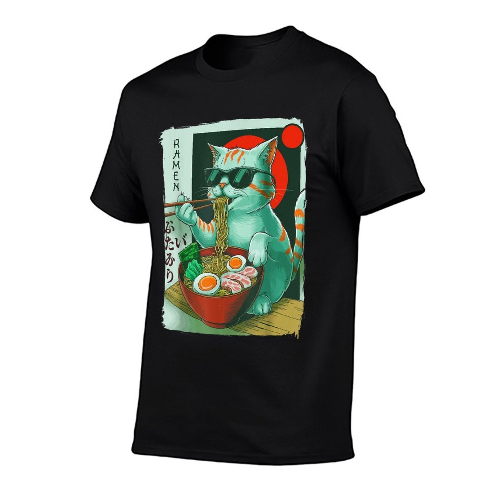 Funny Cat Eating Ramen Graphic Japanese Kawaii Otaku Anime  Rolled Sleeves T-Shirt