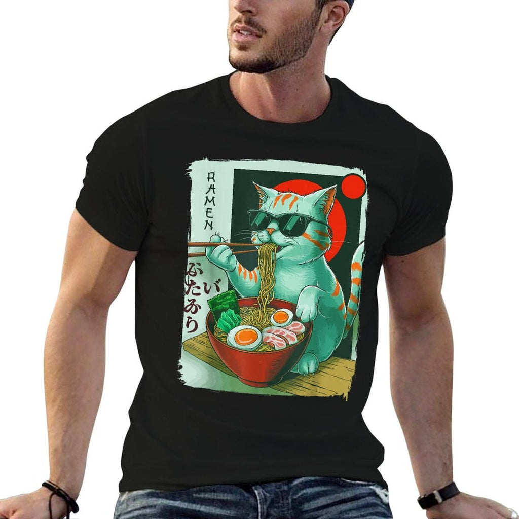 Funny Cat Eating Ramen Graphic Japanese Kawaii Otaku Anime  Rolled Sleeves T-Shirt