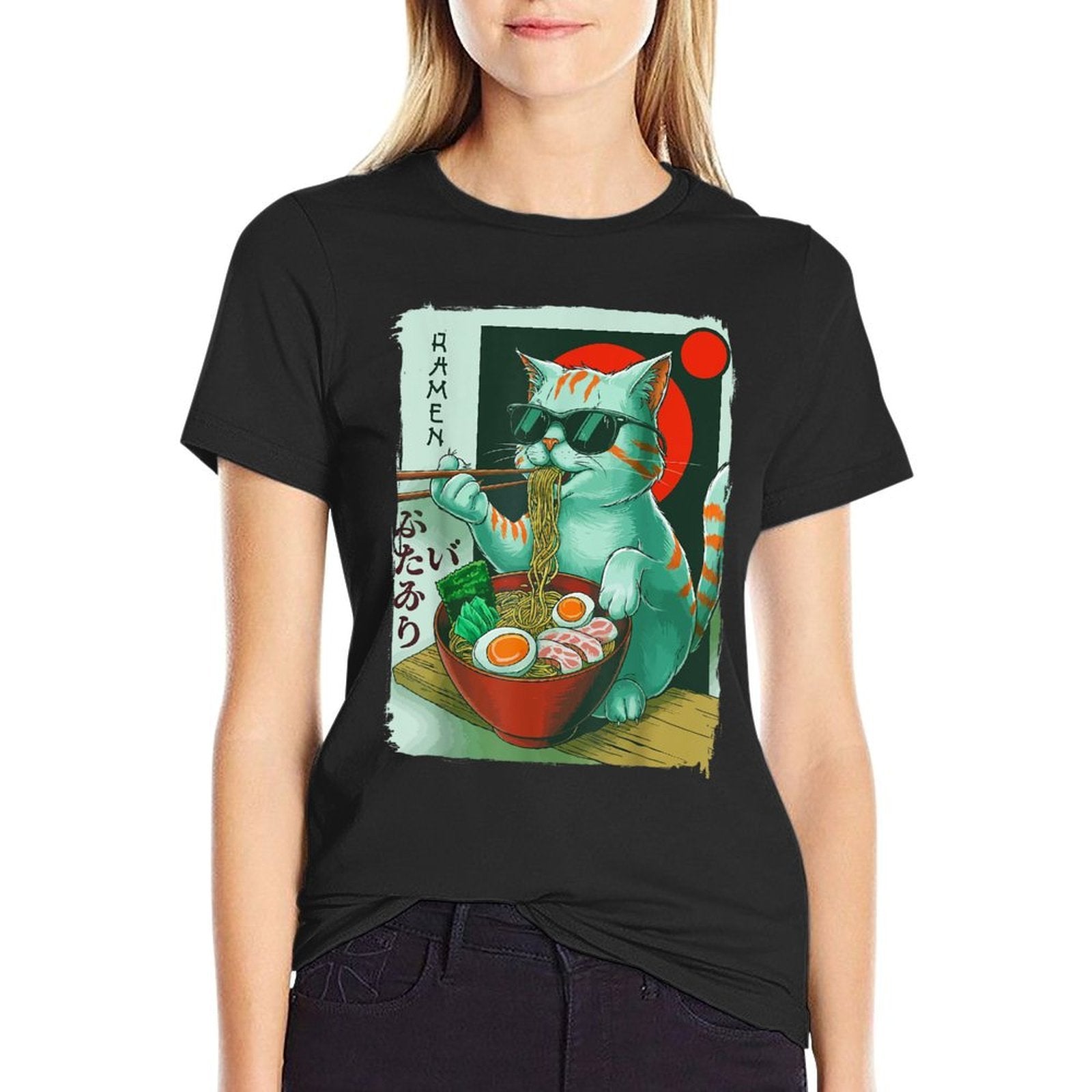 Funny Cat Eating Ramen Graphic Japanese Kawaii Otaku Anime  Rolled Sleeves T-Shirt