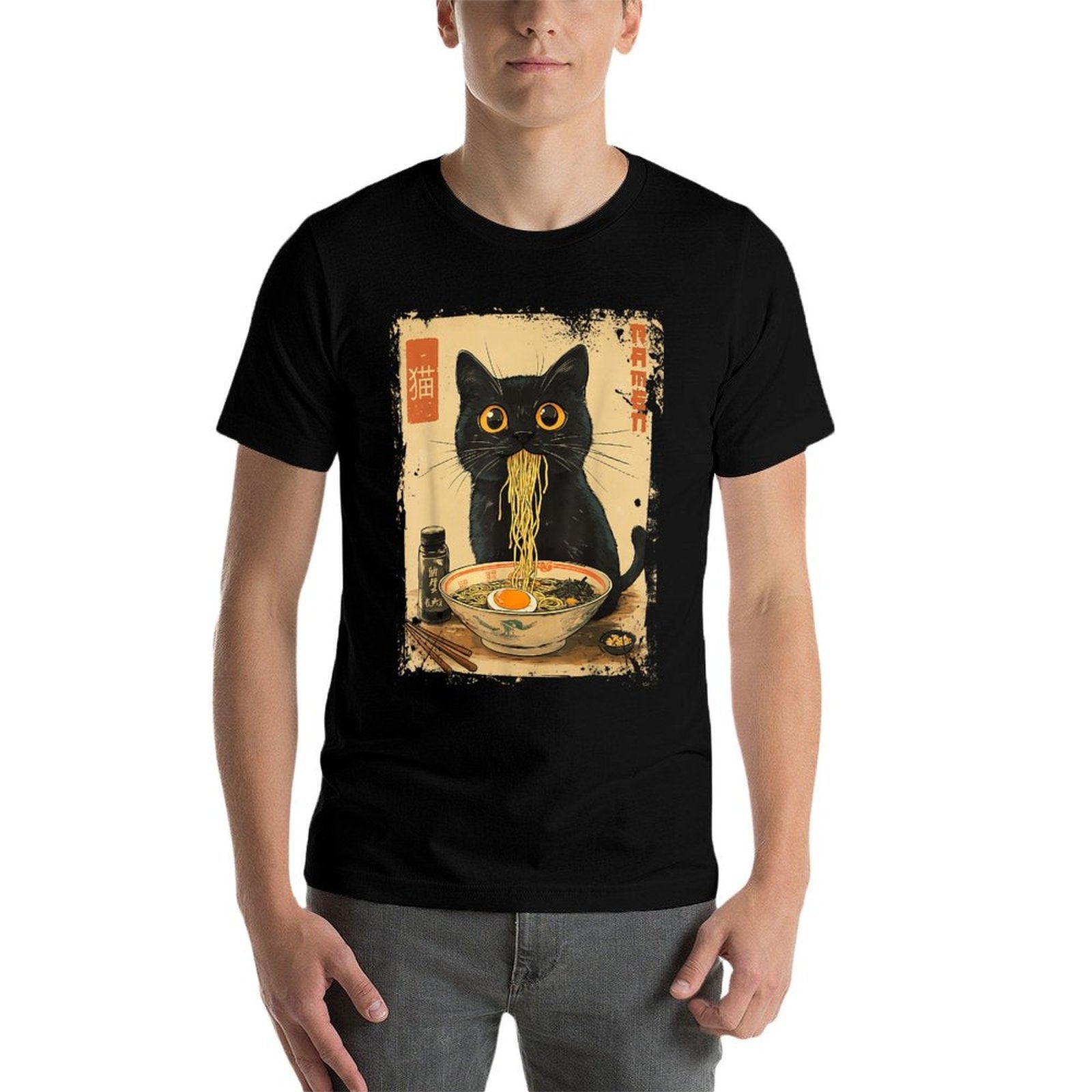 Dirhame Funny Japanese Cat Ramen Anime Kawaii Cat Eating Ramen Noodles, Unisex-Adults, Anime Fans, Girls, Young Females, Black,  Tagless Design T-Shirt