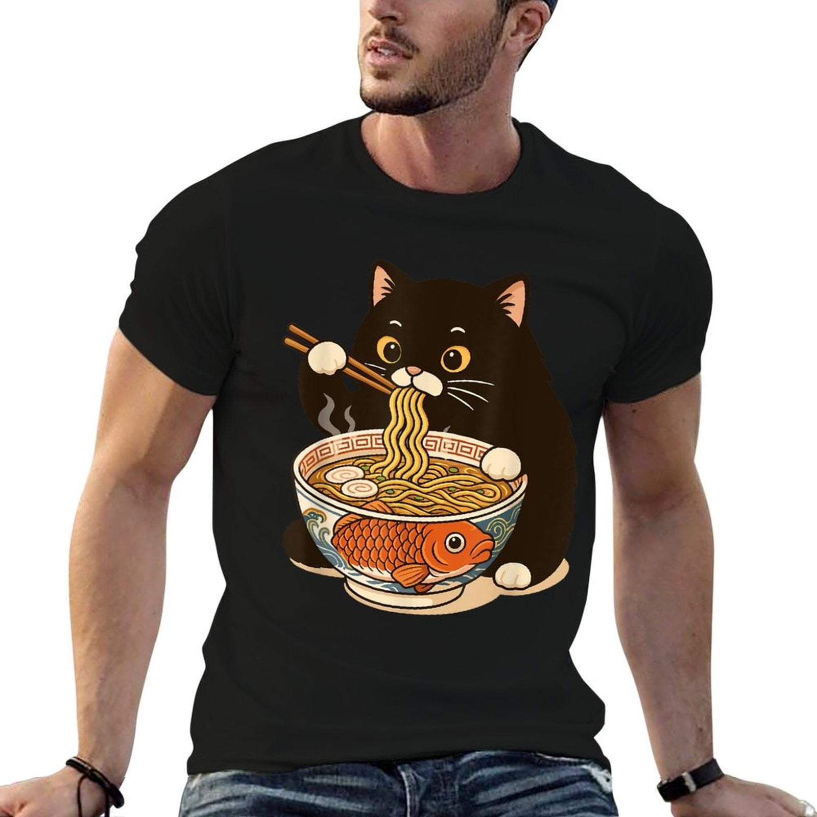Fat Cat Ramen Anime Meme Eating Noodles Kawaii  High-quality Stitching T-Shirt