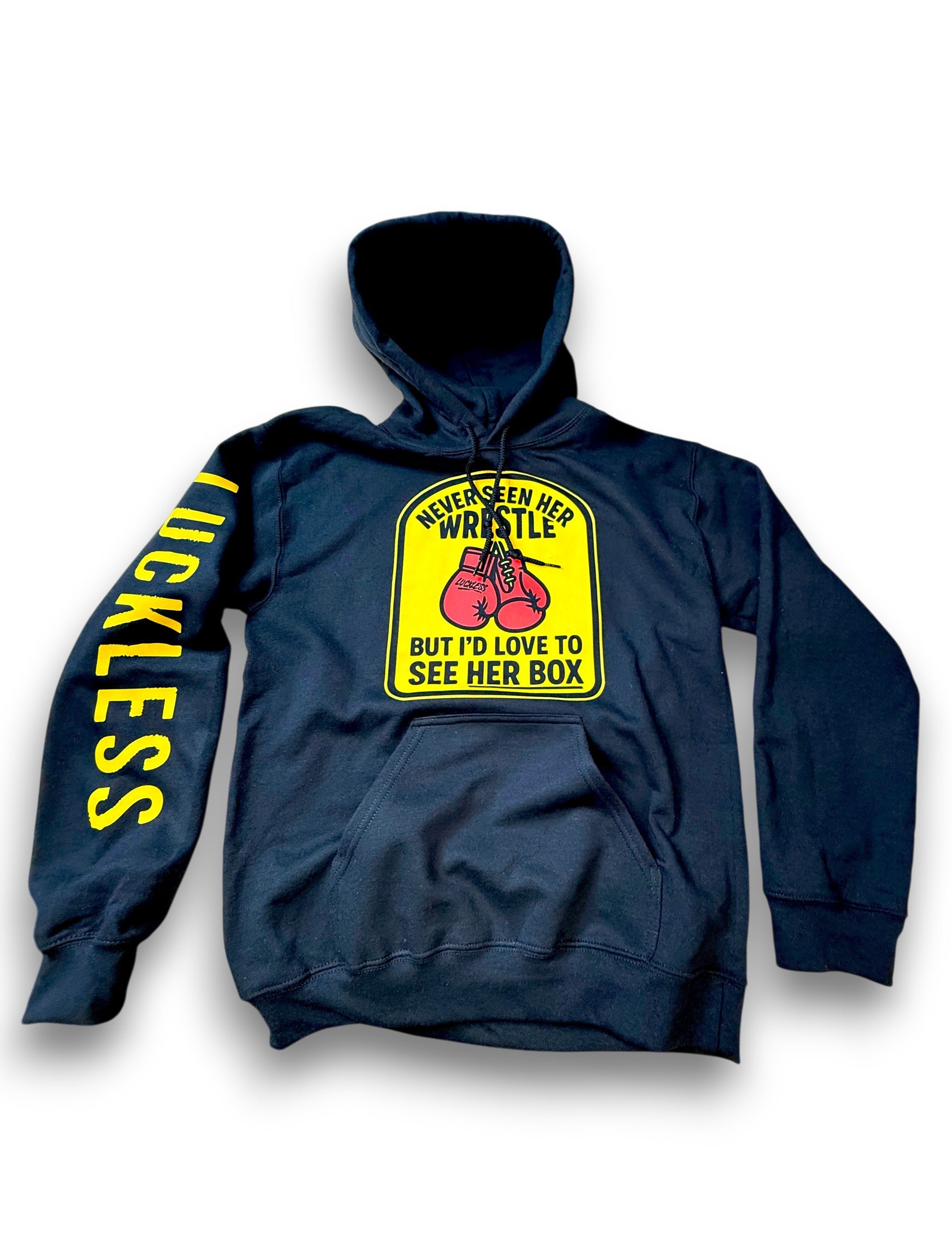 Never Seen Her Wrestle But I'd Love to See Her Box | Funny Men's Premium Black Graphic Hoodie