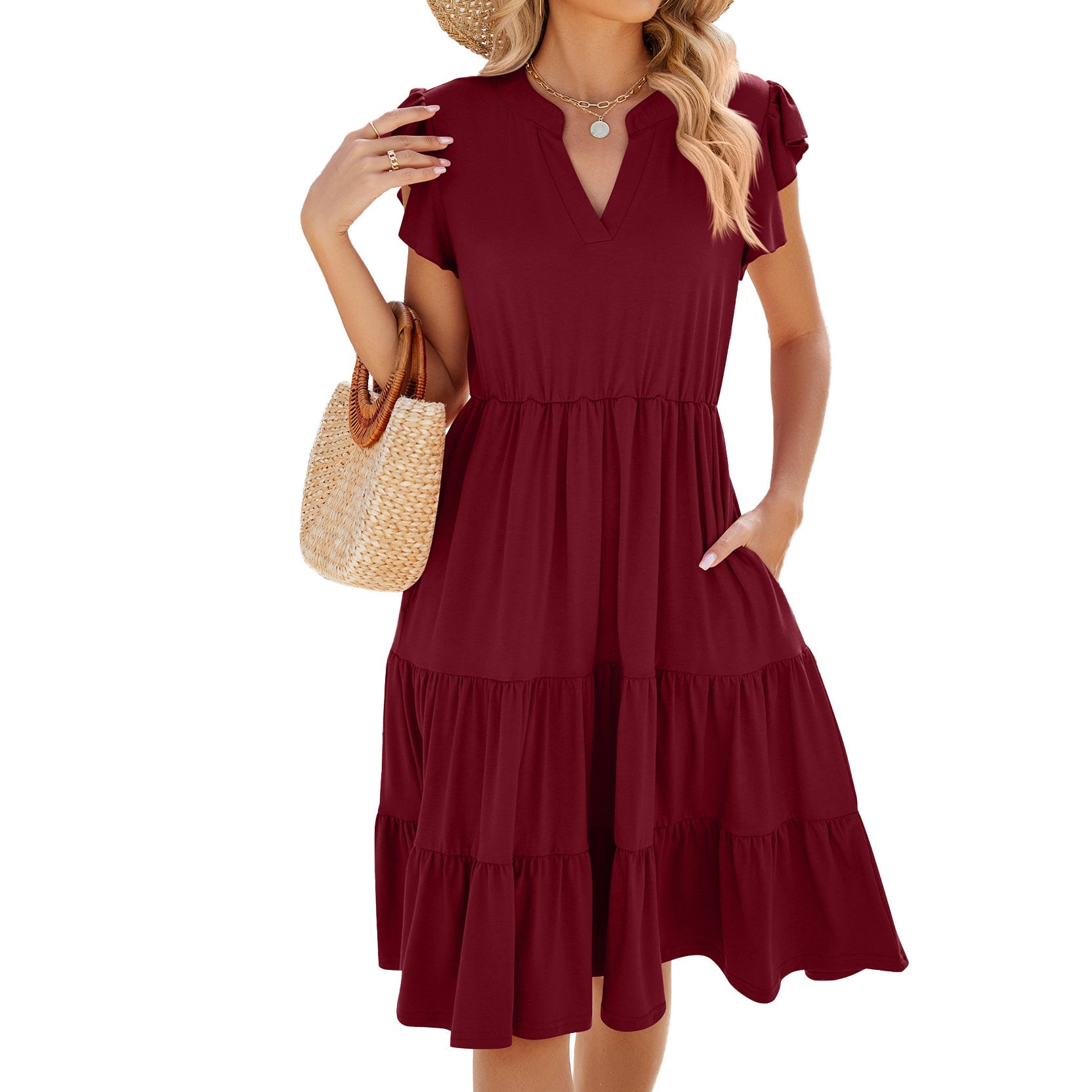 Spring Summer Solid Color V neck Loose Short Sleeve Waist Controlled Stitching Dress