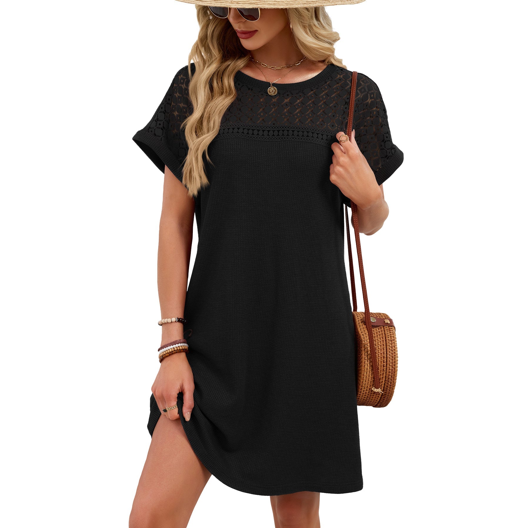 Spring Summer Solid Color round Neck Lace Stitching Loose Short Sleeve Dress