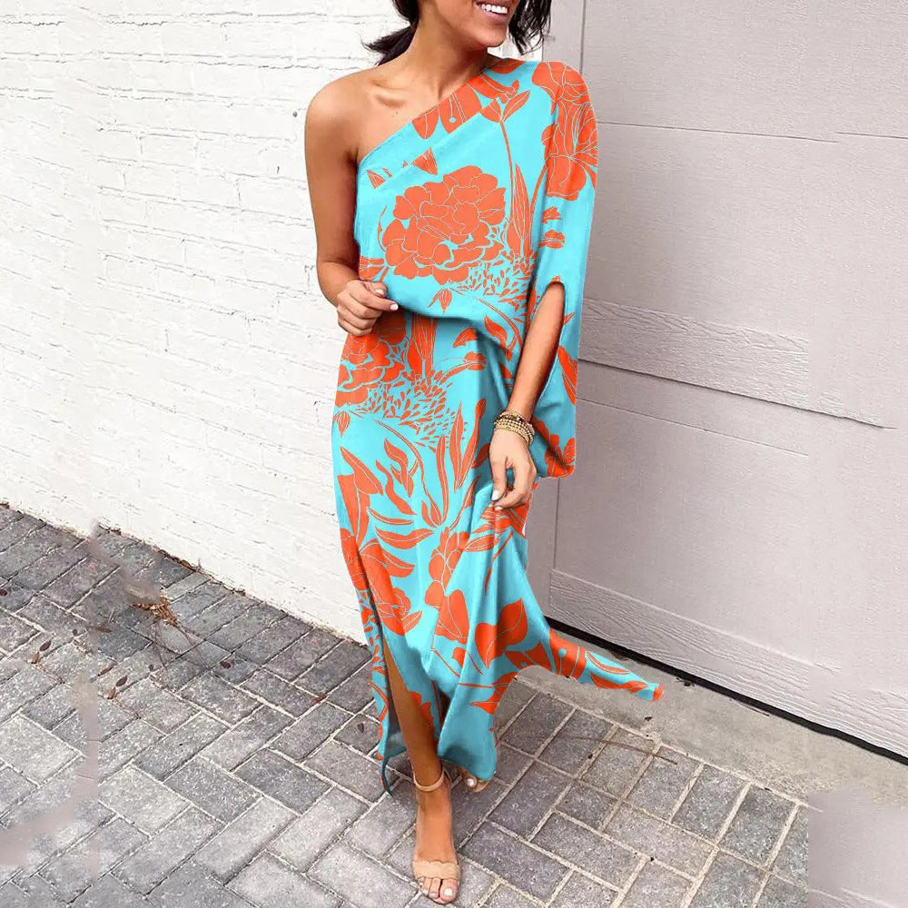 Summer Loose off Shoulder Waist Trimming Printing Dress Women