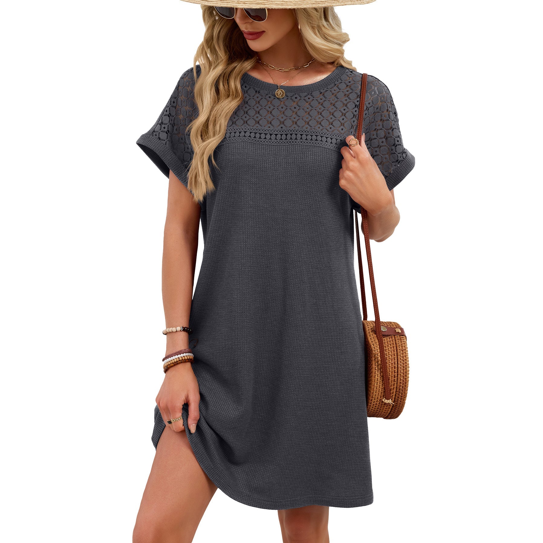 Spring Summer Solid Color round Neck Lace Stitching Loose Short Sleeve Dress