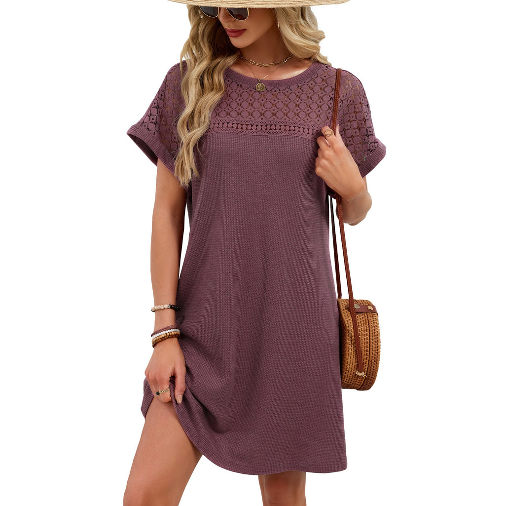 Spring Summer Solid Color round Neck Lace Stitching Loose Short Sleeve Dress