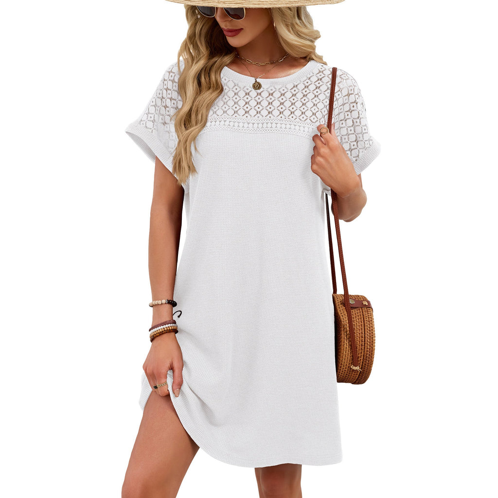 Spring Summer Solid Color round Neck Lace Stitching Loose Short Sleeve Dress