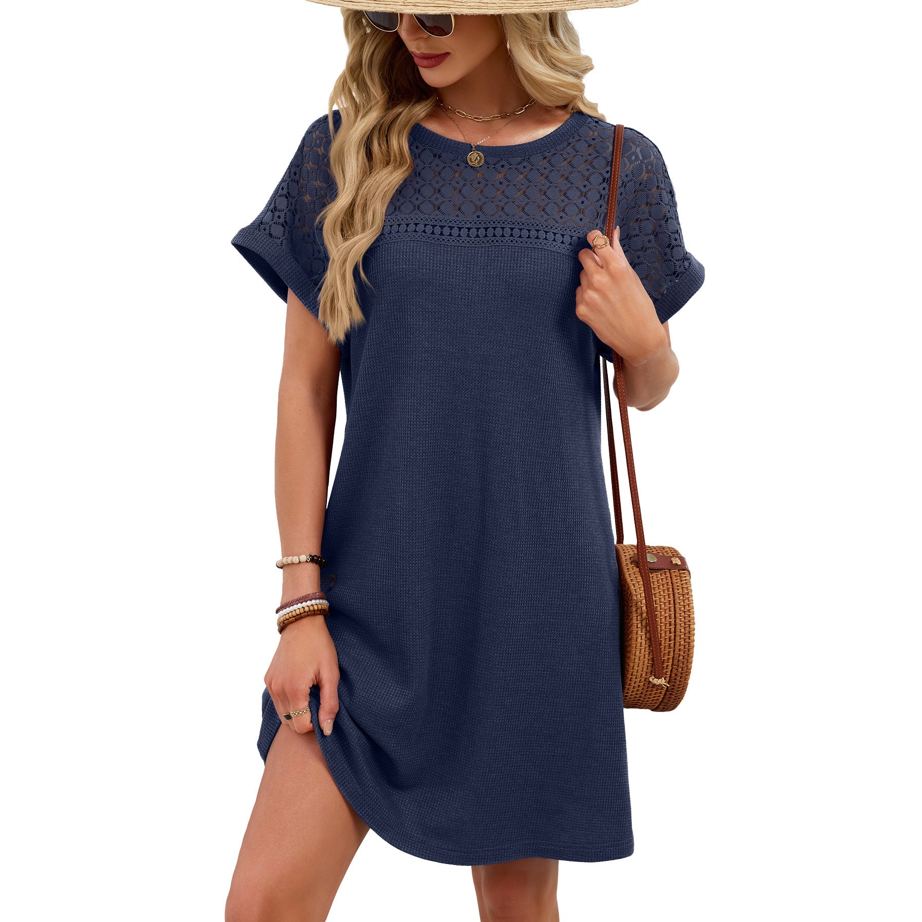 Spring Summer Solid Color round Neck Lace Stitching Loose Short Sleeve Dress