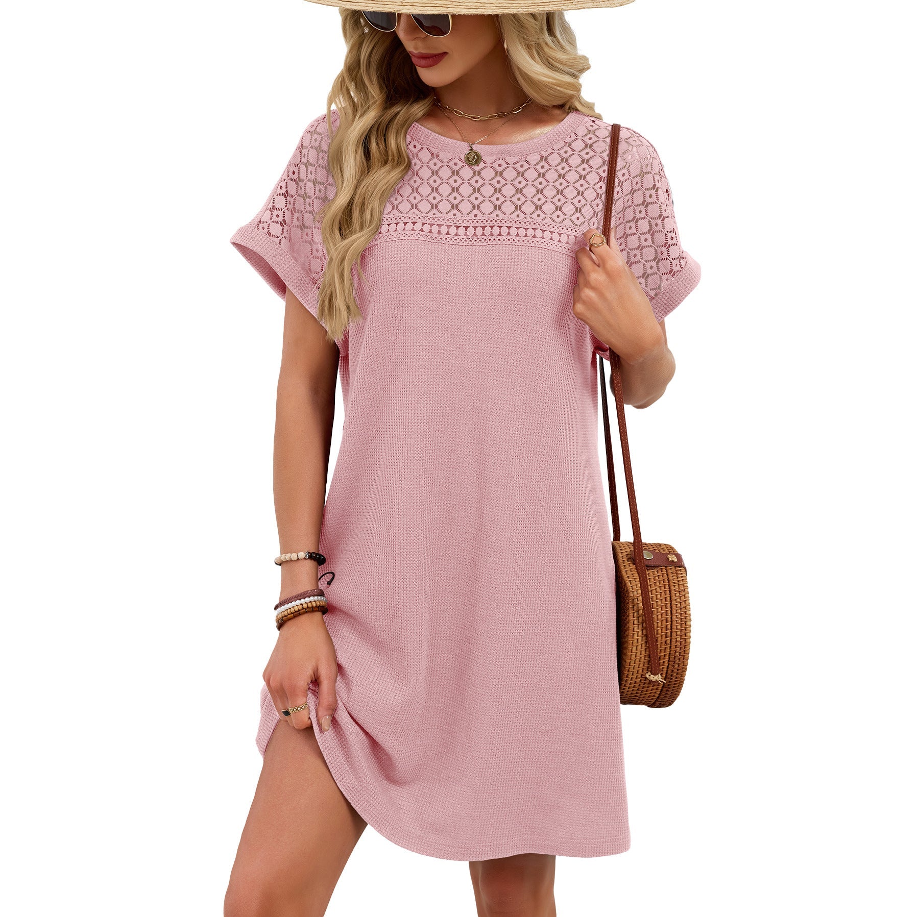 Spring Summer Solid Color round Neck Lace Stitching Loose Short Sleeve Dress