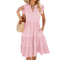 Spring Summer Solid Color V neck Loose Short Sleeve Waist Controlled Stitching Dress