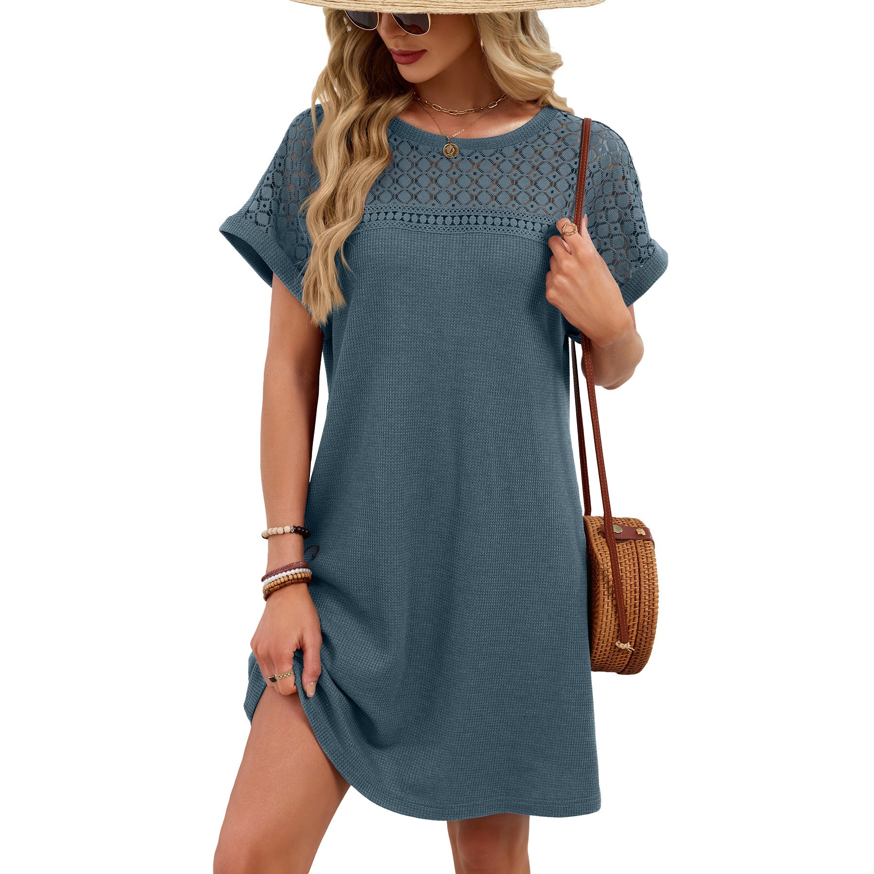 Spring Summer Solid Color round Neck Lace Stitching Loose Short Sleeve Dress