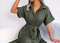 Summer Casual Loose Solid Color Tied Shirt Dress Maxi Dress Women Clothing