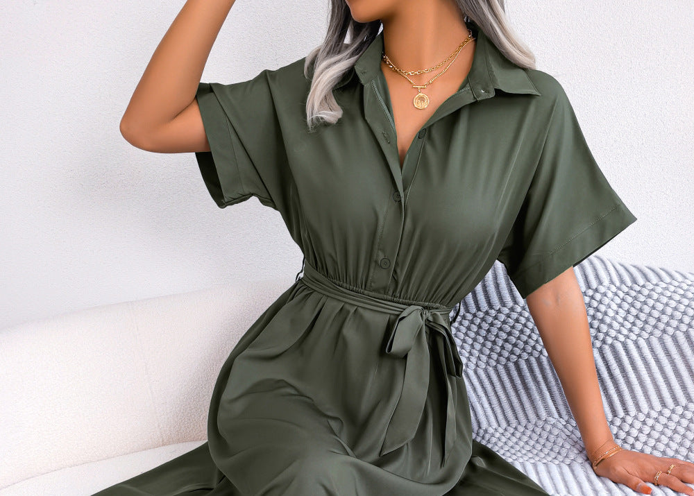 Summer Casual Loose Solid Color Tied Shirt Dress Maxi Dress Women Clothing