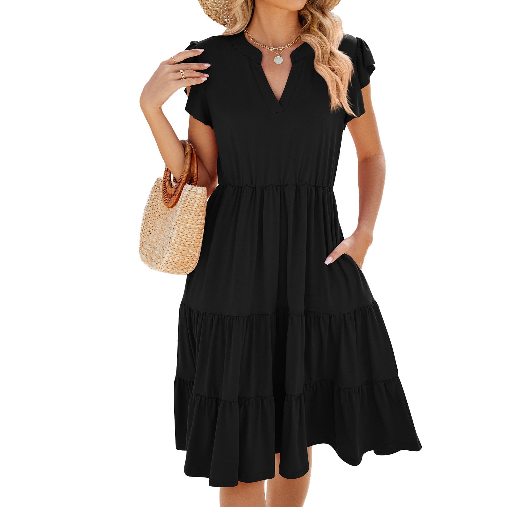 Spring Summer Solid Color V neck Loose Short Sleeve Waist Controlled Stitching Dress