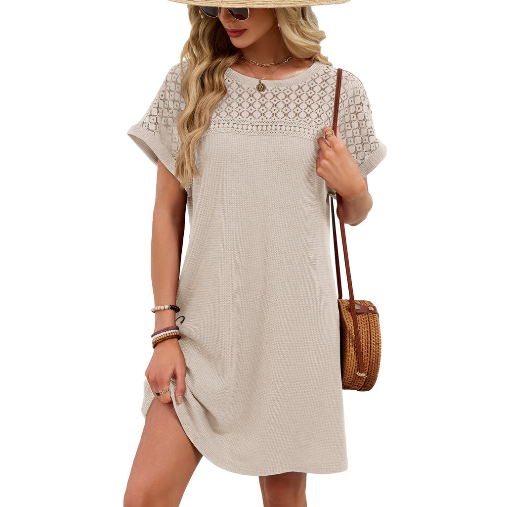 Spring Summer Solid Color round Neck Lace Stitching Loose Short Sleeve Dress