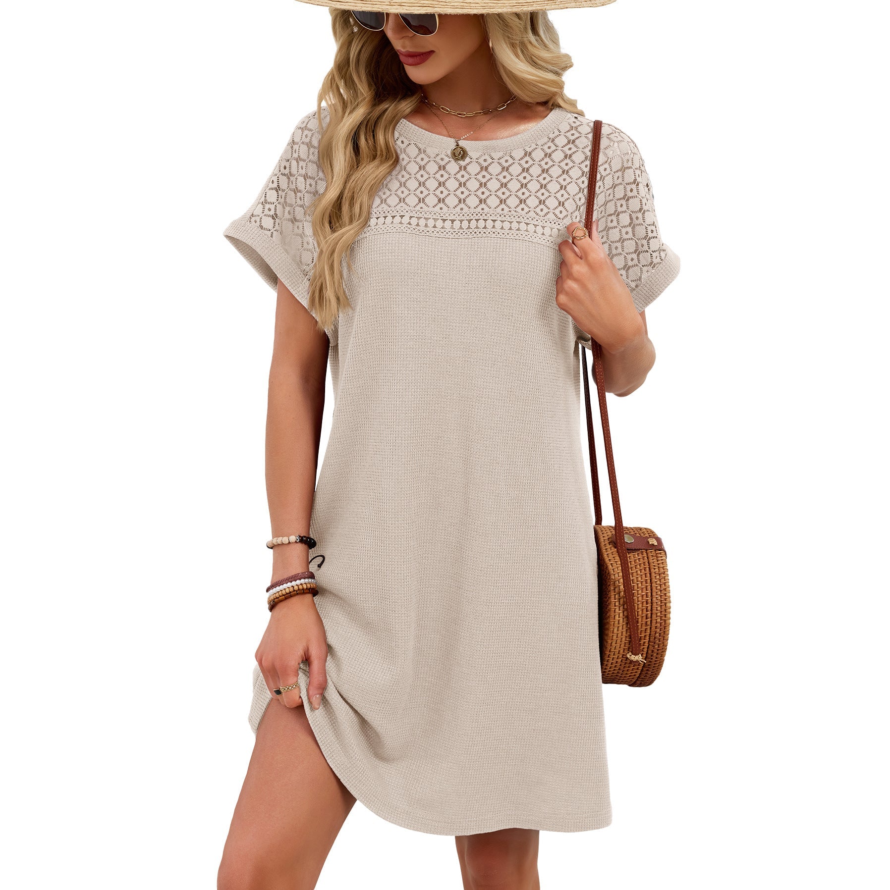 Spring Summer Solid Color round Neck Lace Stitching Loose Short Sleeve Dress