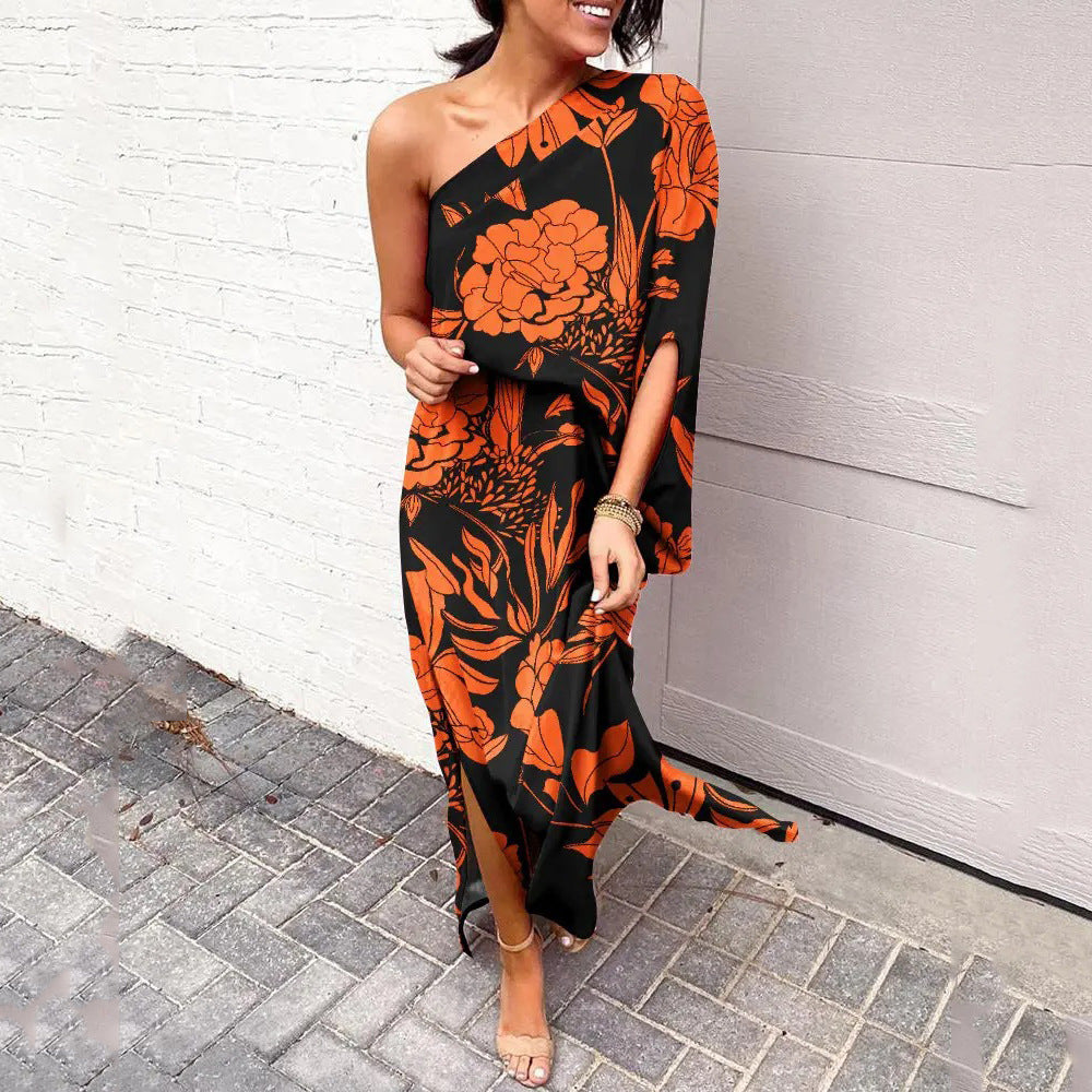 Summer Loose off Shoulder Waist Trimming Printing Dress Women