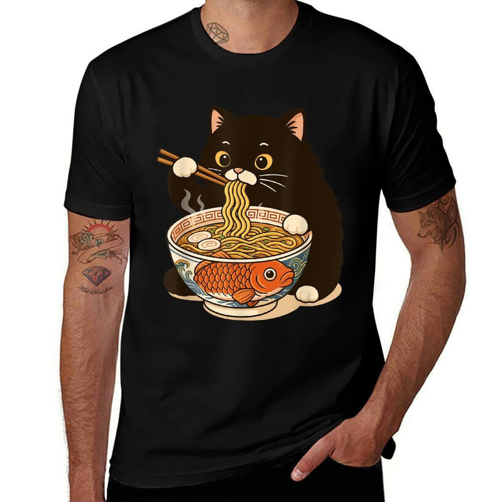 Fat Cat Ramen Anime Meme Eating Noodles Kawaii  High-quality Stitching T-Shirt